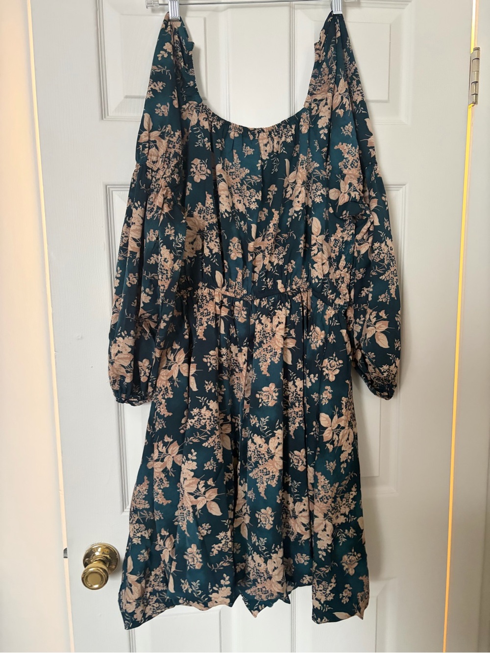Teal Floral Long-Sleeve Midi Dress